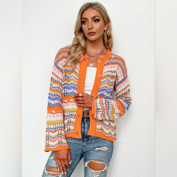 Bright Chevron Stripe Openwork Knit Button Front Long Sleeve Retro Cardigan - Picture 2 of 6